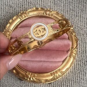 CHANEL Gold and White Logo Bracelet bangle new jewelry fashion